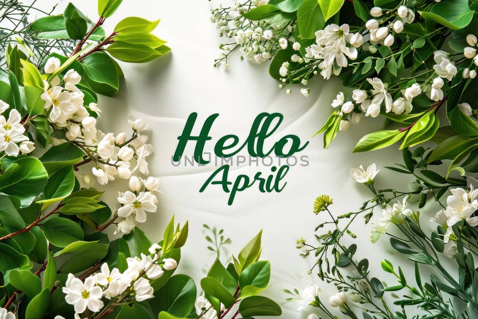 Text Hello April on seasonal background. Generative AI.