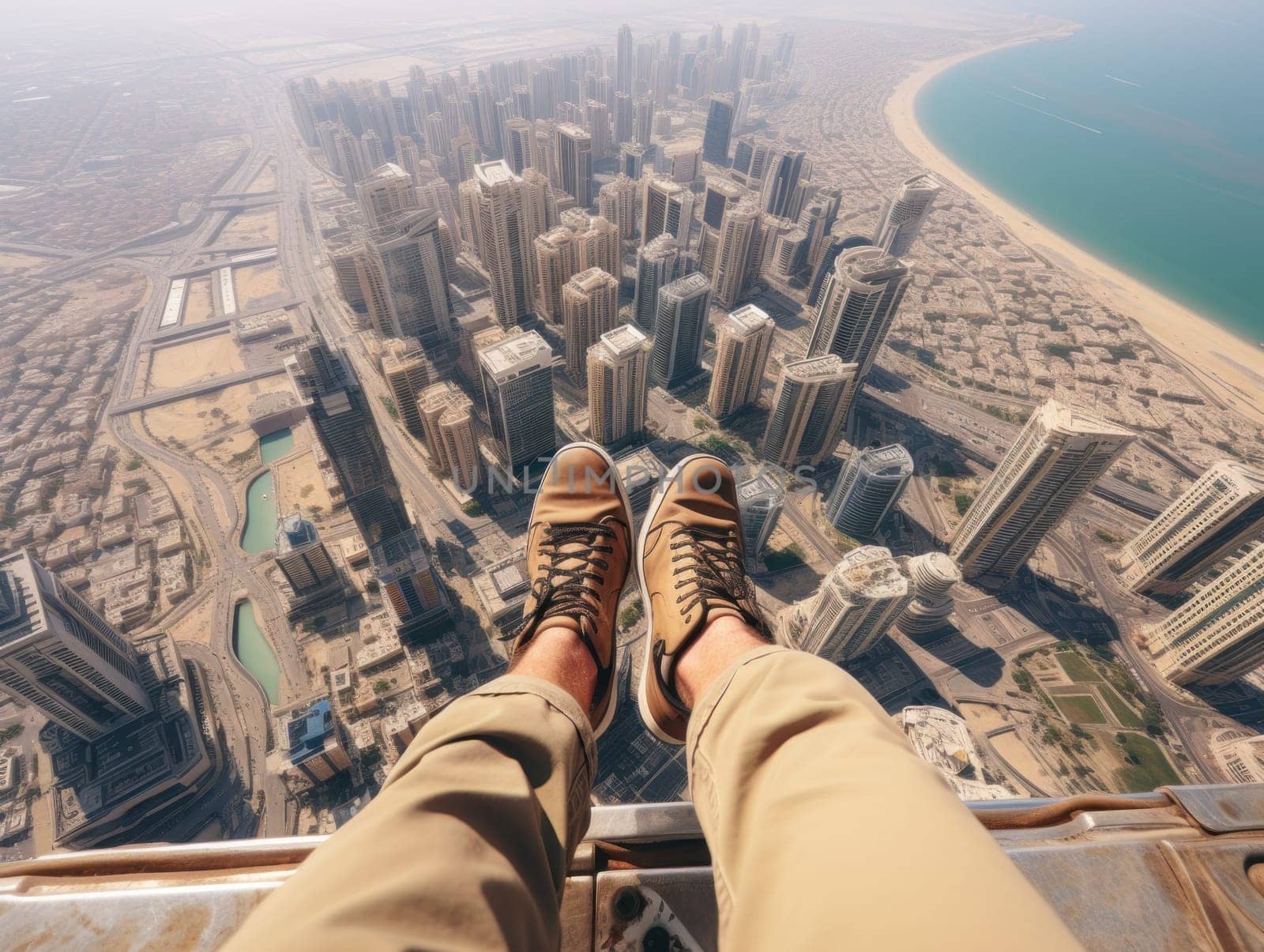 A person's feet laying on the skyscraper. Generative AI.