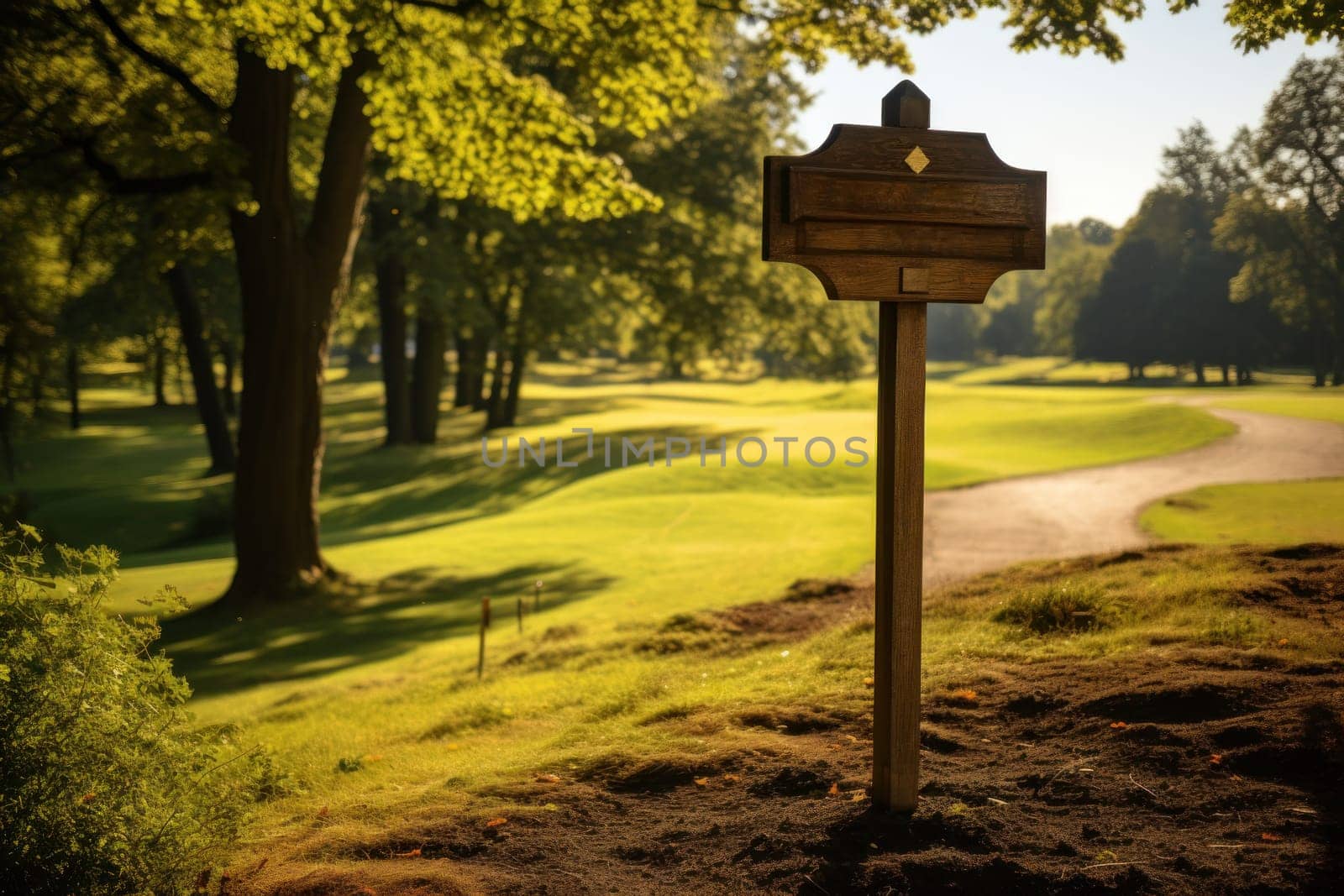 Close up golf course wooden wayfinding signage board. Generative AI.