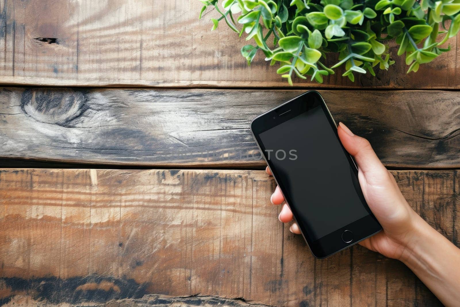 Use mobile phone on wood table with space for text, copy space. Generative AI.