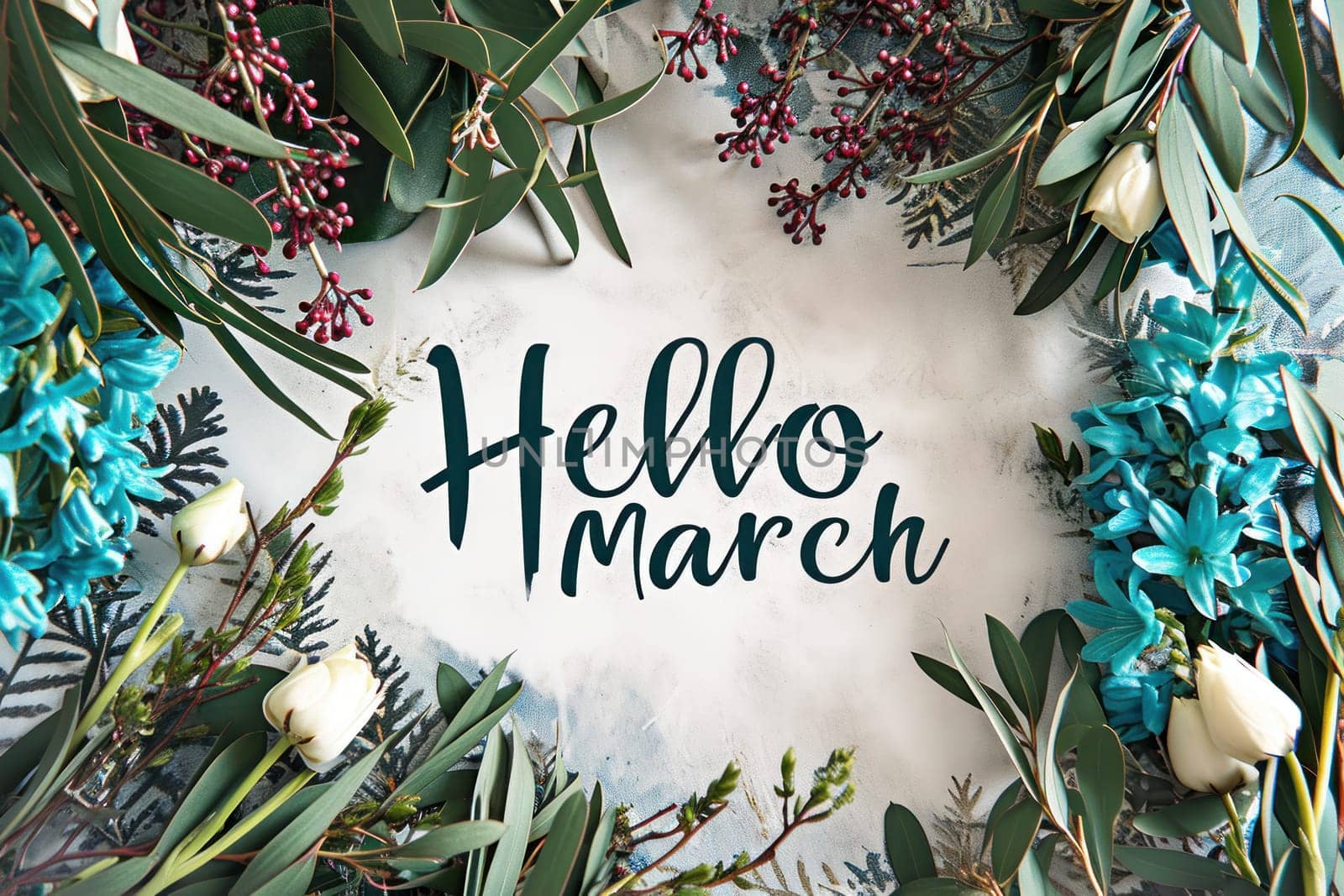 Text Hello March on event seasonal background. Generative AI.