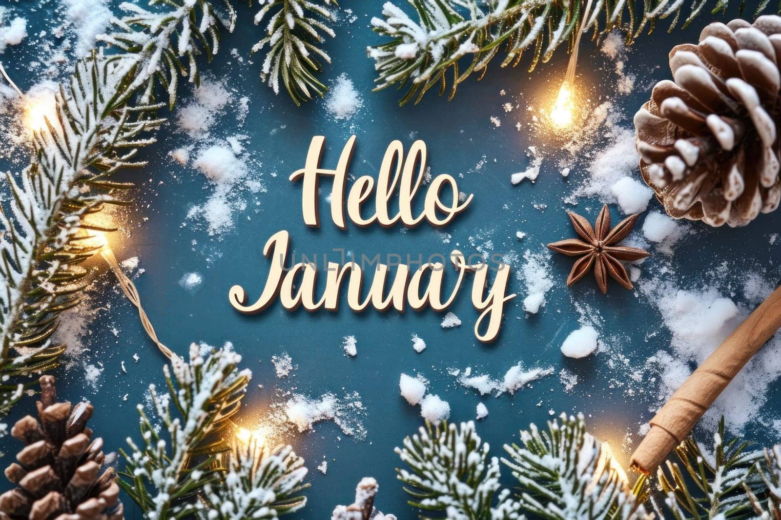 Text Hello January on seasonal background. Generative AI.