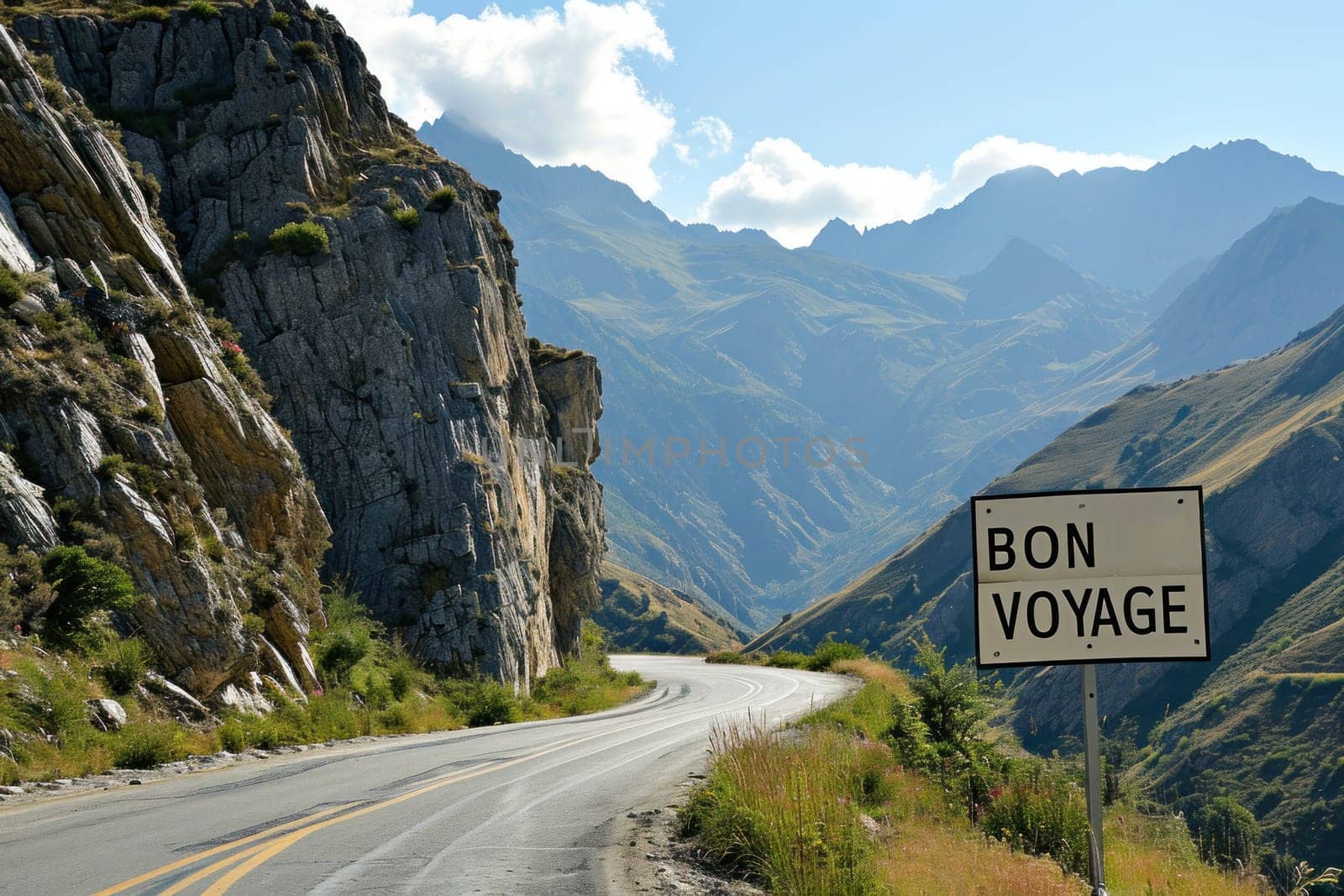 The road is winding in the mountains and has BON VOYAGE big signs. Generative AI.