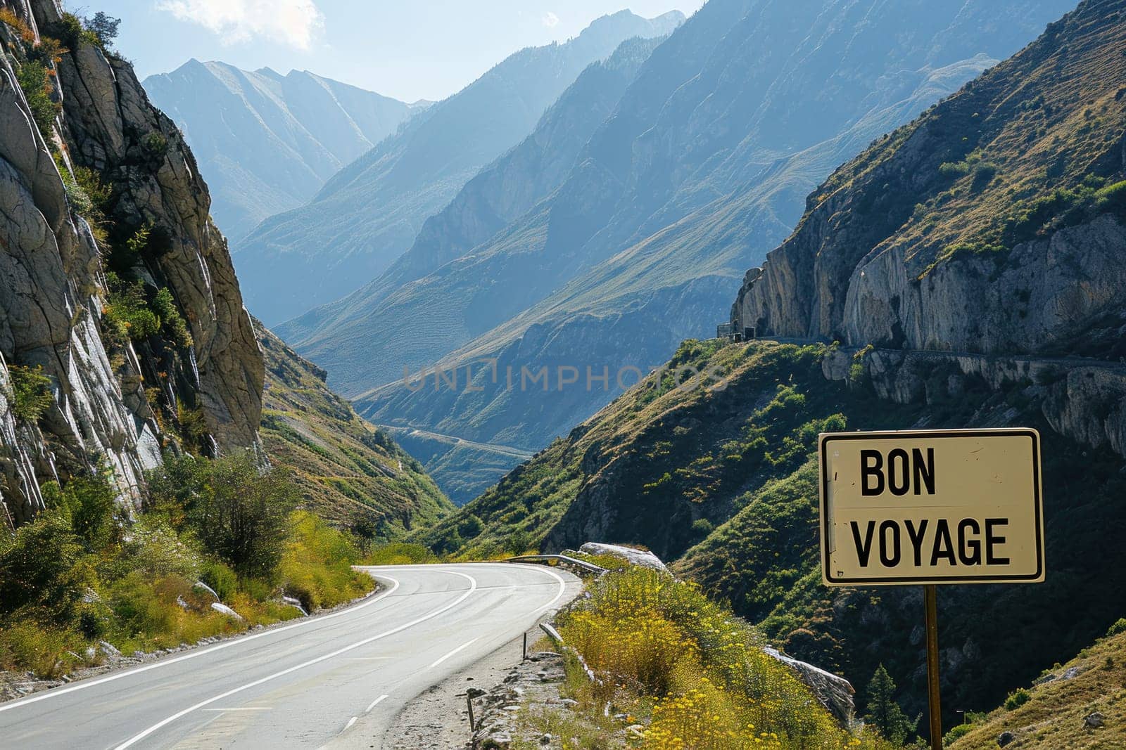 The road is winding in the mountains and has BON VOYAGE big signs. Generative AI.
