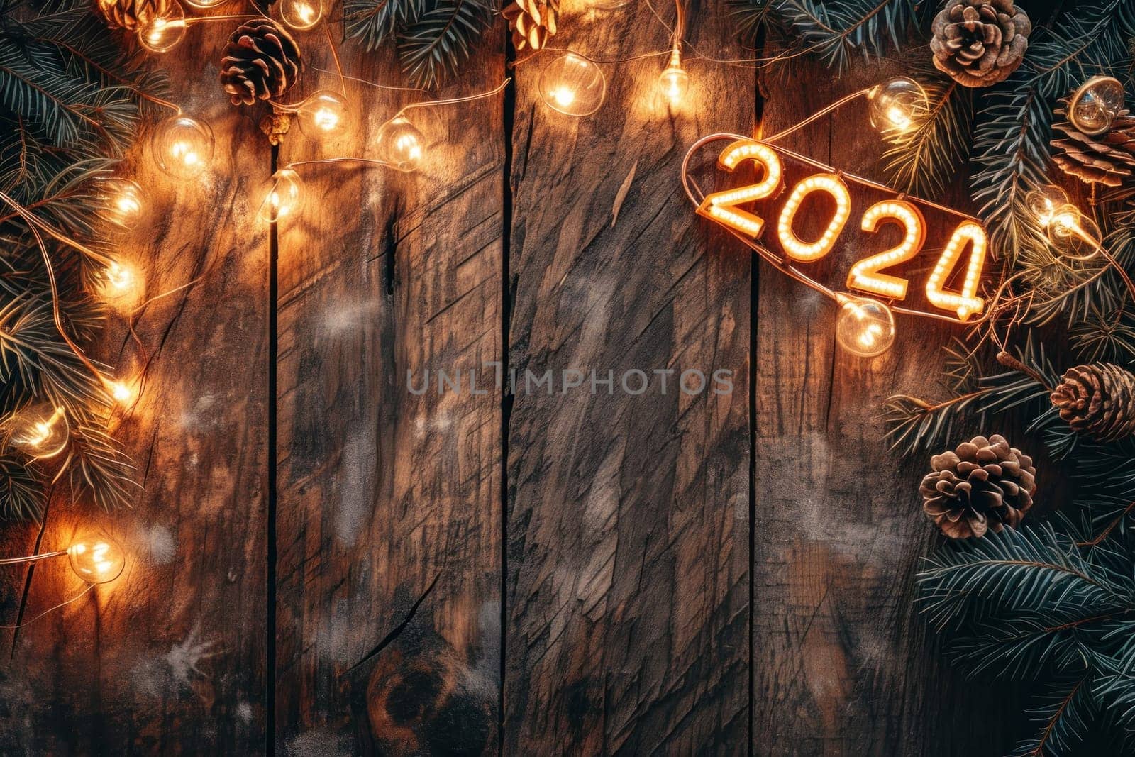 A rustic wood background with 2024 in bright lights New Year Flat lay top view, with copy space. Generative AI.