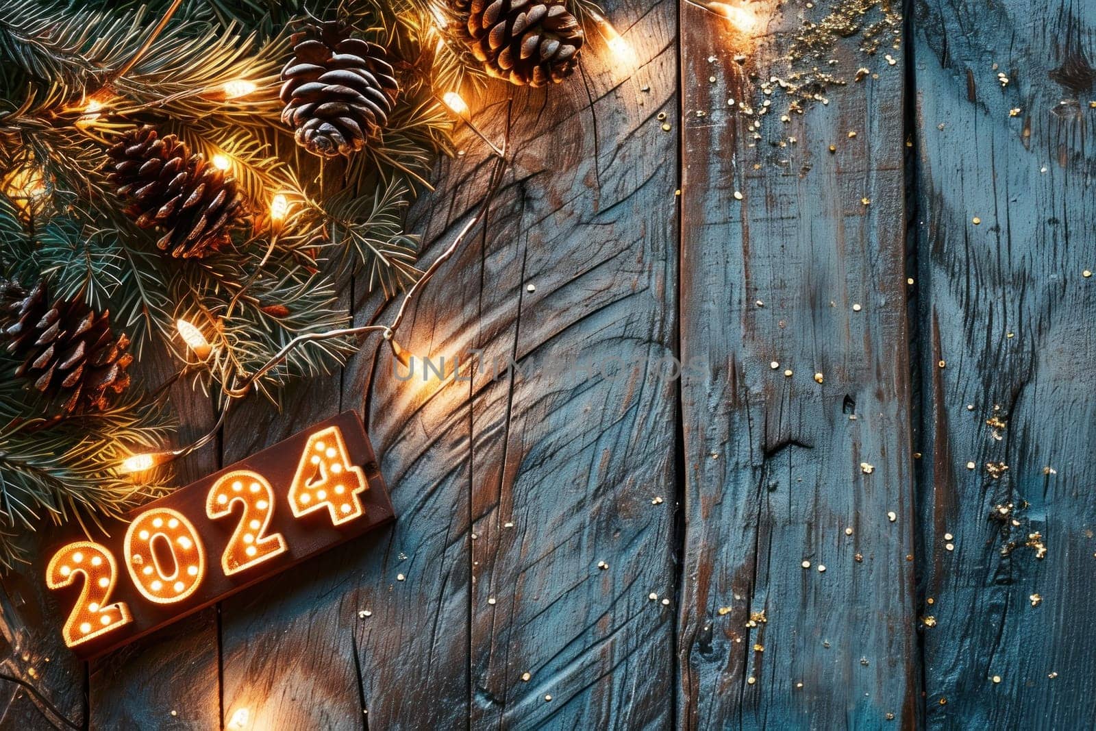 A rustic wood background with 2024 in bright lights New Year Flat lay top view, with copy space. Generative AI.
