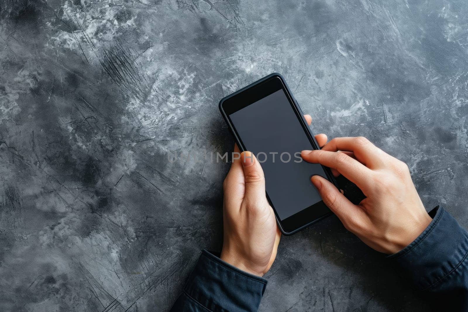 Use mobile phone on wood table with space for text, copy space. Generative AI.