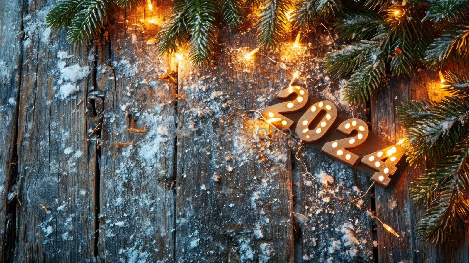 A rustic wood background with 2024 in bright lights New Year Flat lay top view, with copy space. Generative AI.