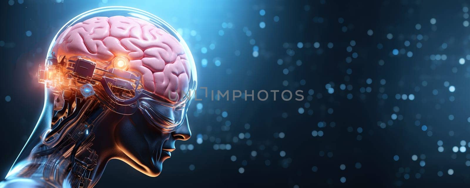 outline of a human skull and brain with built-in luminous chips,creating humanoid robots, development of robotics by KaterinaDalemans