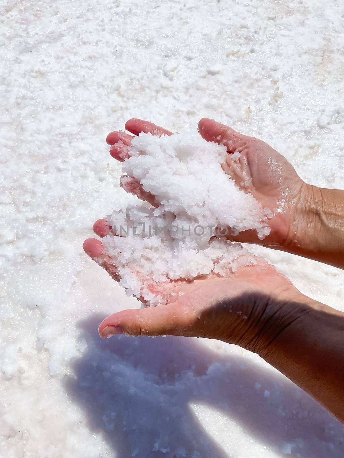 Womans hands with salt in her hands against the backdrop of salt lake. High quality photo