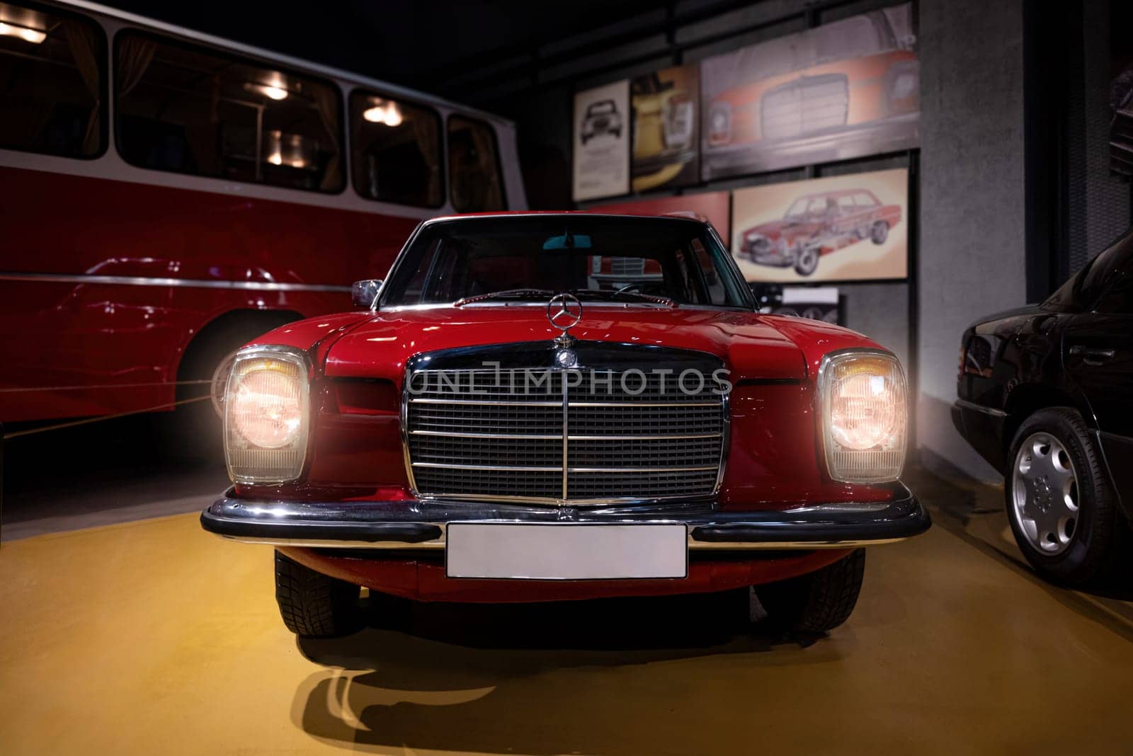 Antalya, Turkey - February 1, 2024: Red Mercedes Benz W115 on display in Antalya Car museum