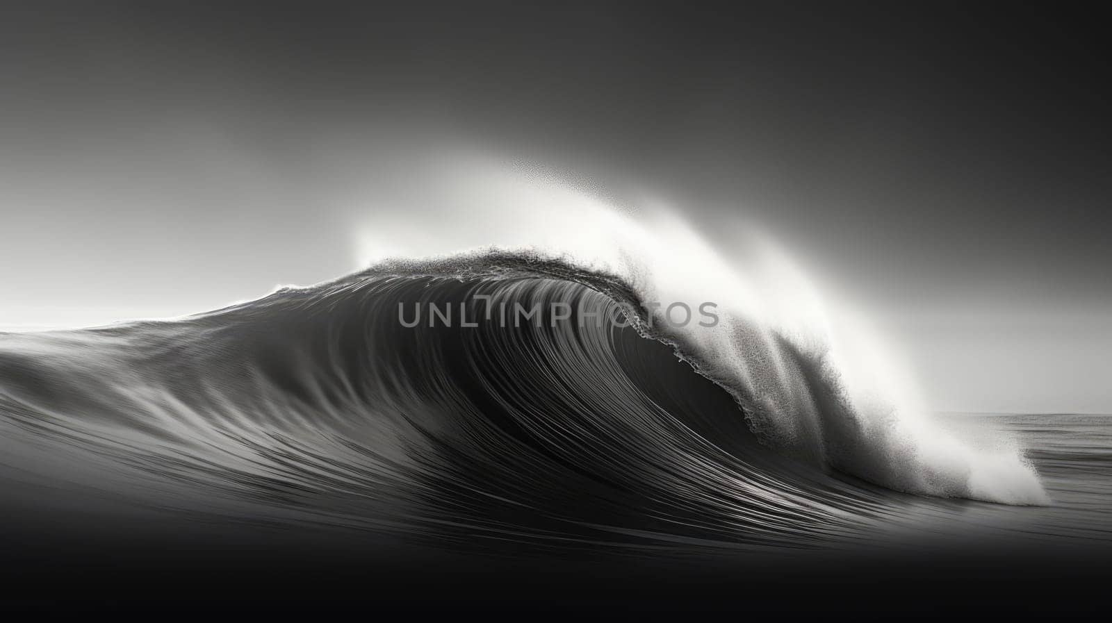 Black and white image of ocean wave during storm. Huge wave breaking with a lot of spray and splash. Sea water background