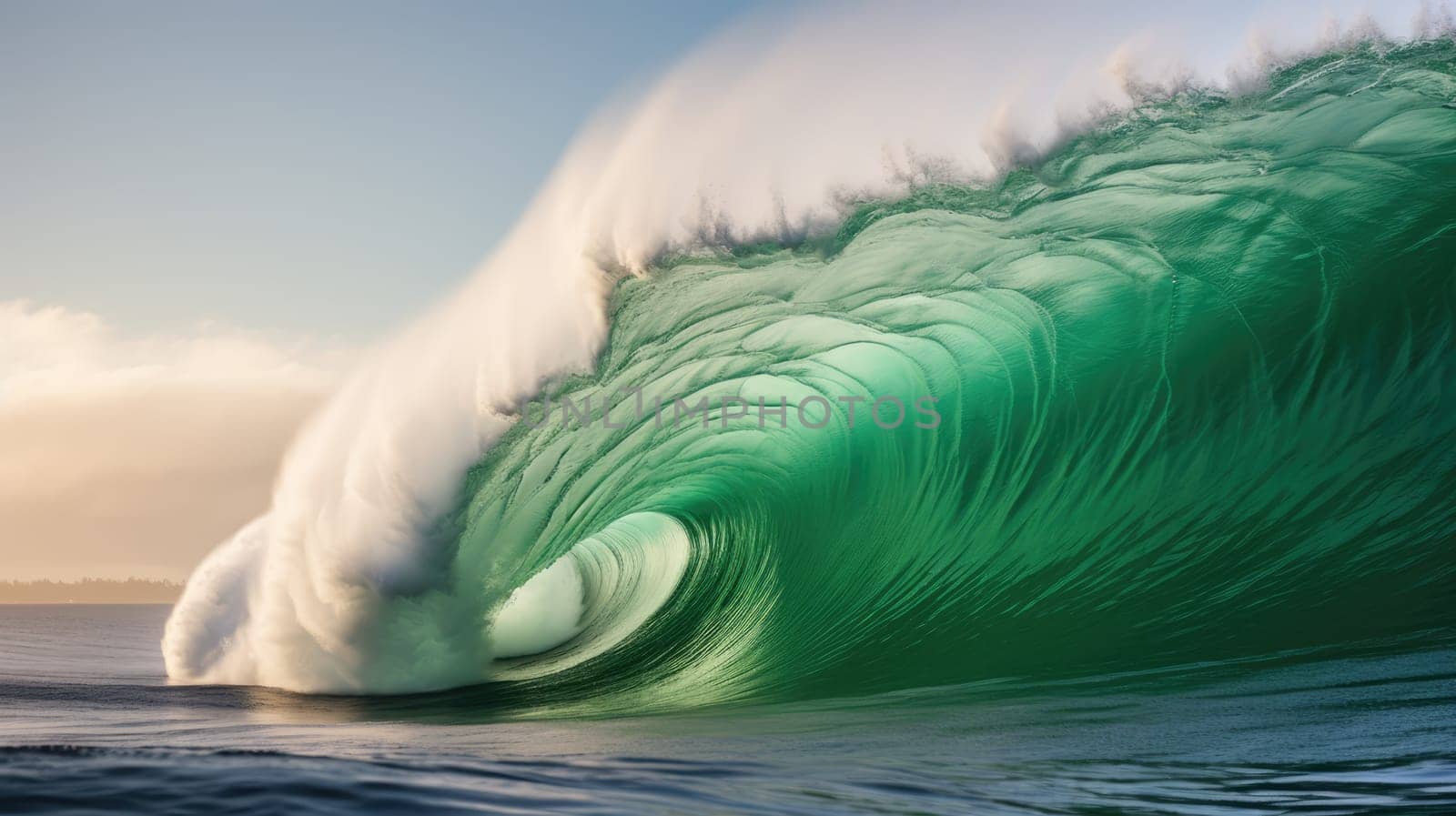 Ocean wave at wind. Huge wave breaking with a lot of spray and splash. Sea water background