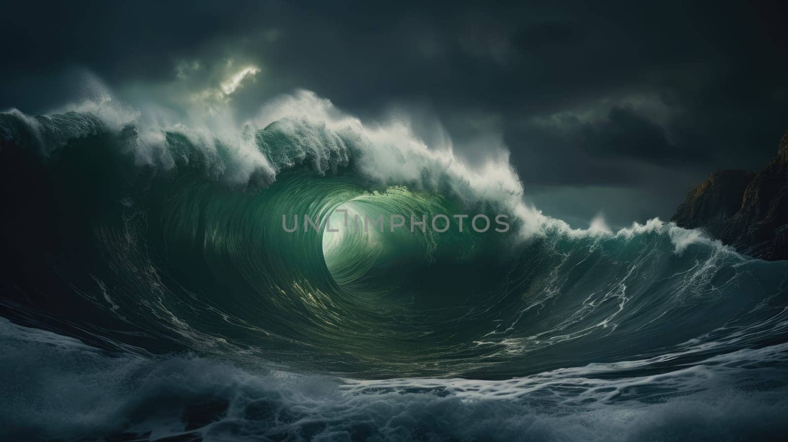 Ocean wave during storm. Huge wave breaking with a lot of spray and splash. Sea water background