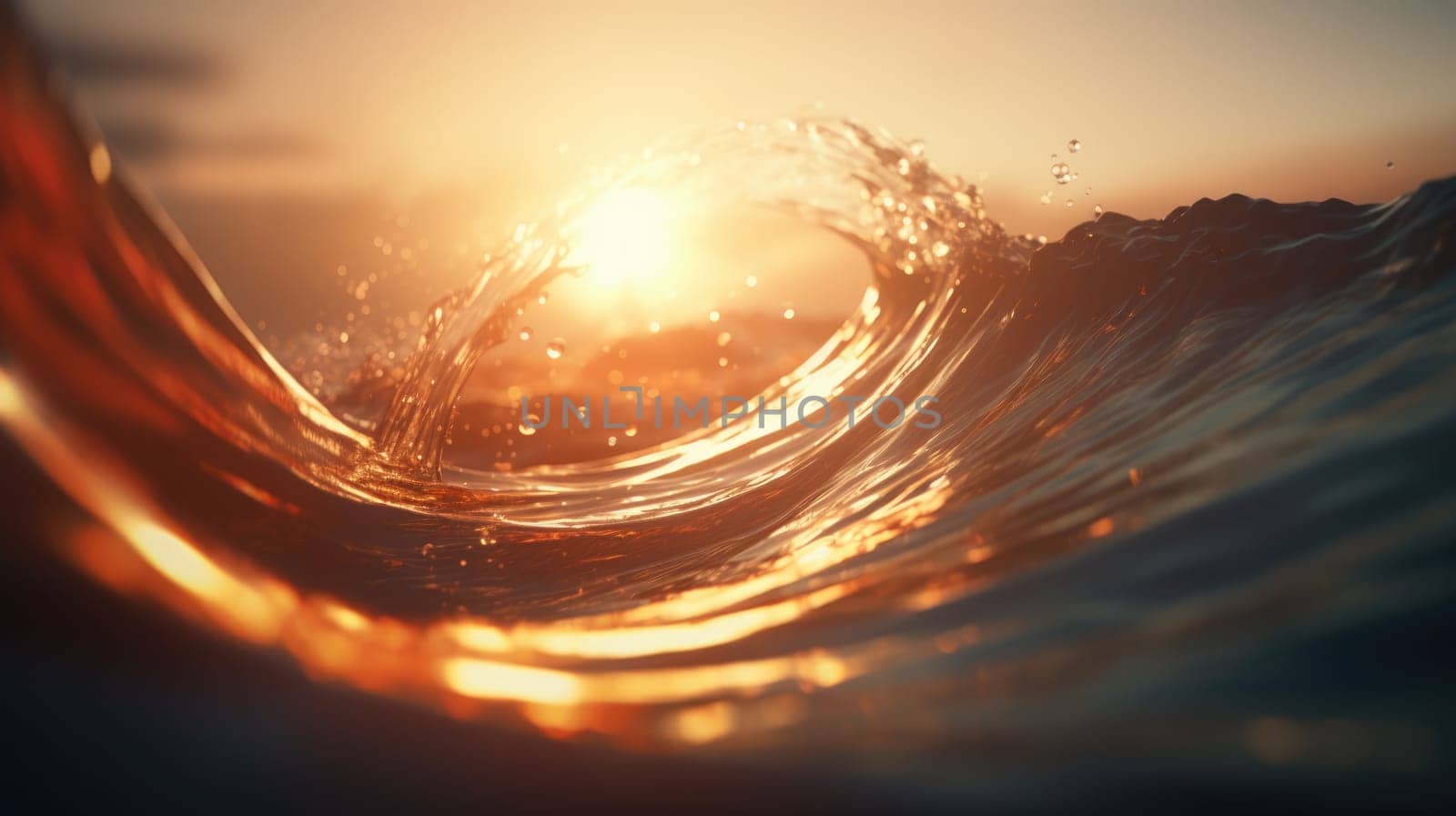 Ocean wave during sunset. Huge wave breaking with a lot of spray and splash. Sea water background