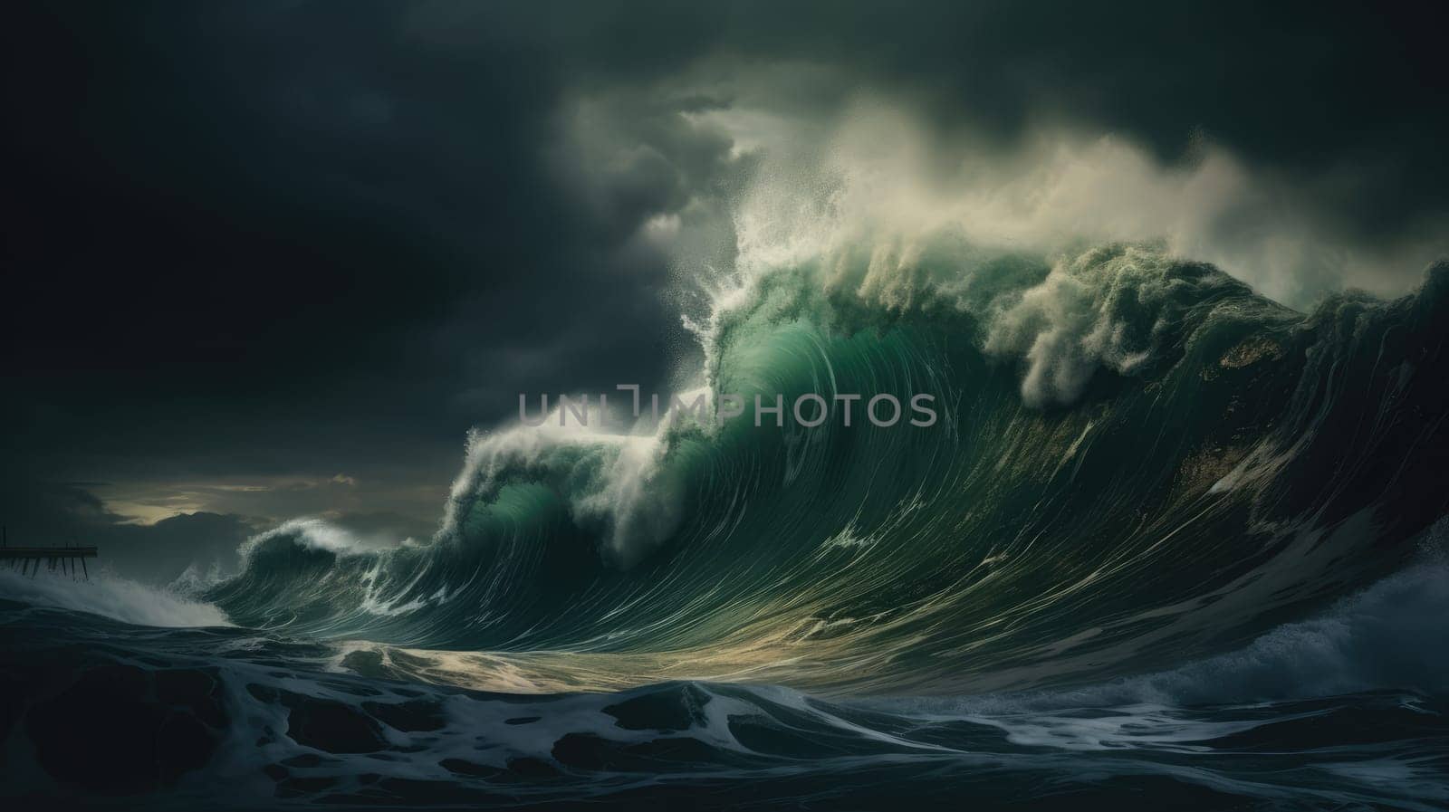 Ocean wave during storm. Huge wave breaking with a lot of spray and splash. Sea water background