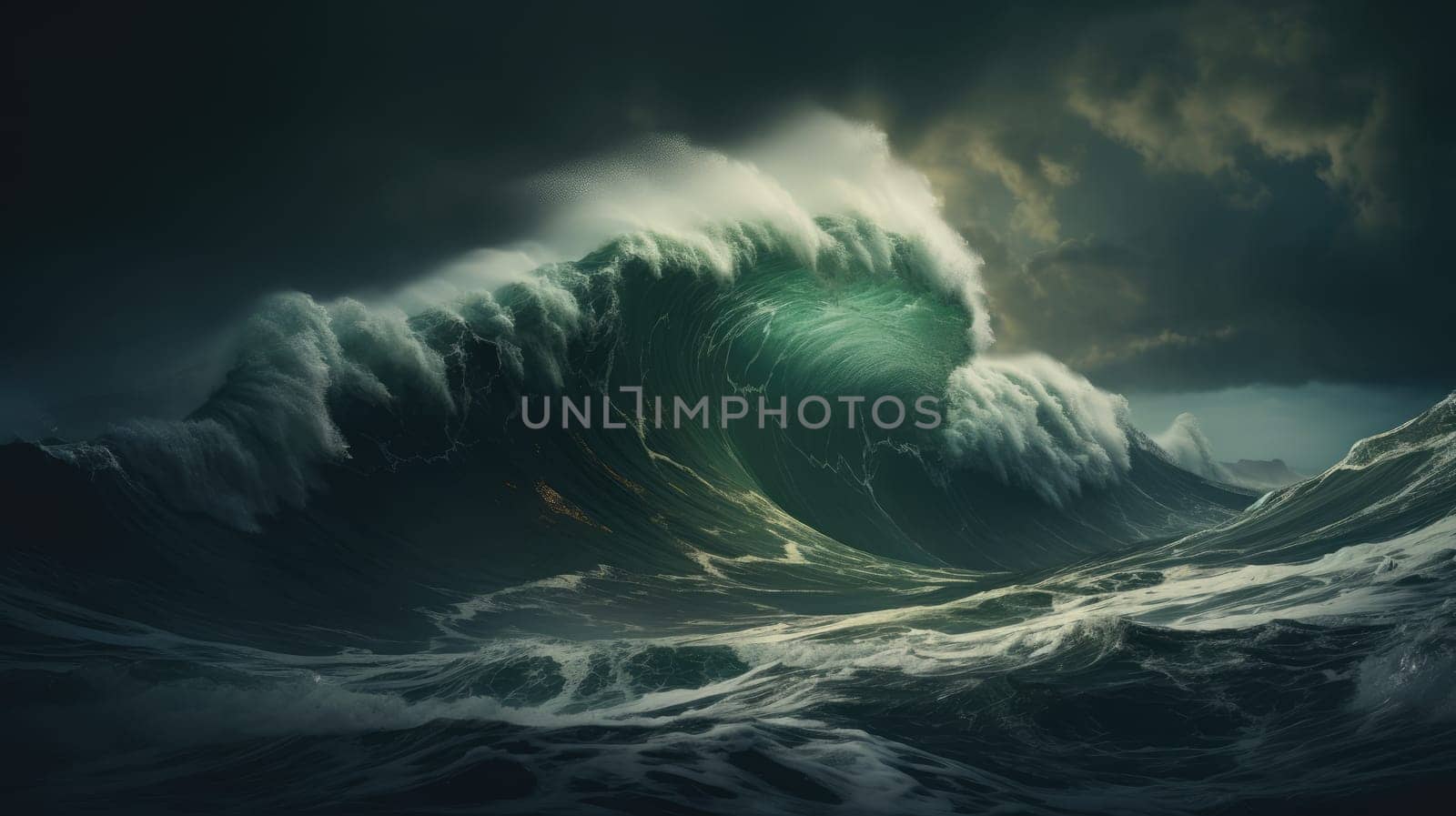 Ocean wave during storm. Huge wave breaking with a lot of spray and splash. Sea water background