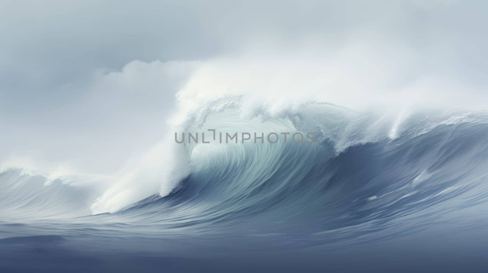 Ocean wave at wind. Huge wave breaking with a lot of spray and splash. Sea water background