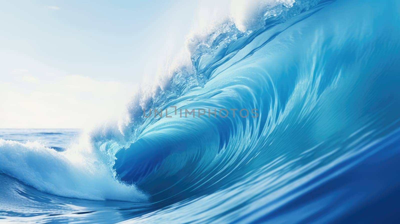 Ocean wave at wind. Huge wave breaking with a lot of spray and splash. Sea water background