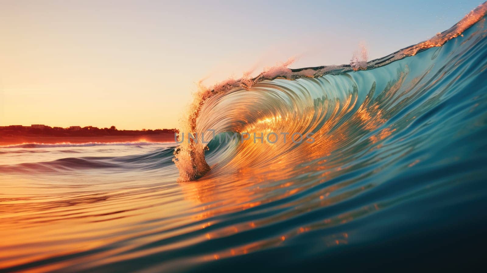 Ocean wave during sunset. Huge wave breaking with a lot of spray and splash. Sea water background
