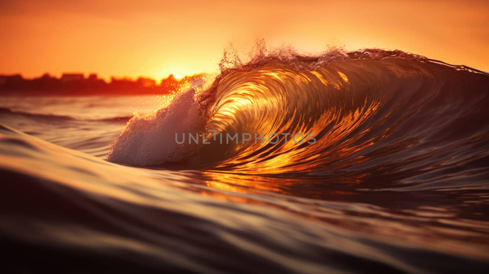 Ocean wave during sunset. Huge wave breaking with a lot of spray and splash. Sea water background