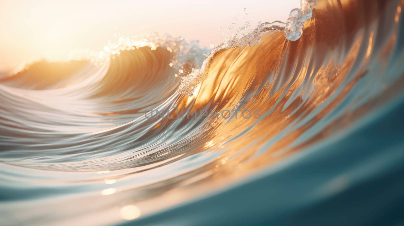 Ocean wave during sunset. Huge wave breaking with a lot of spray and splash. Sea water background