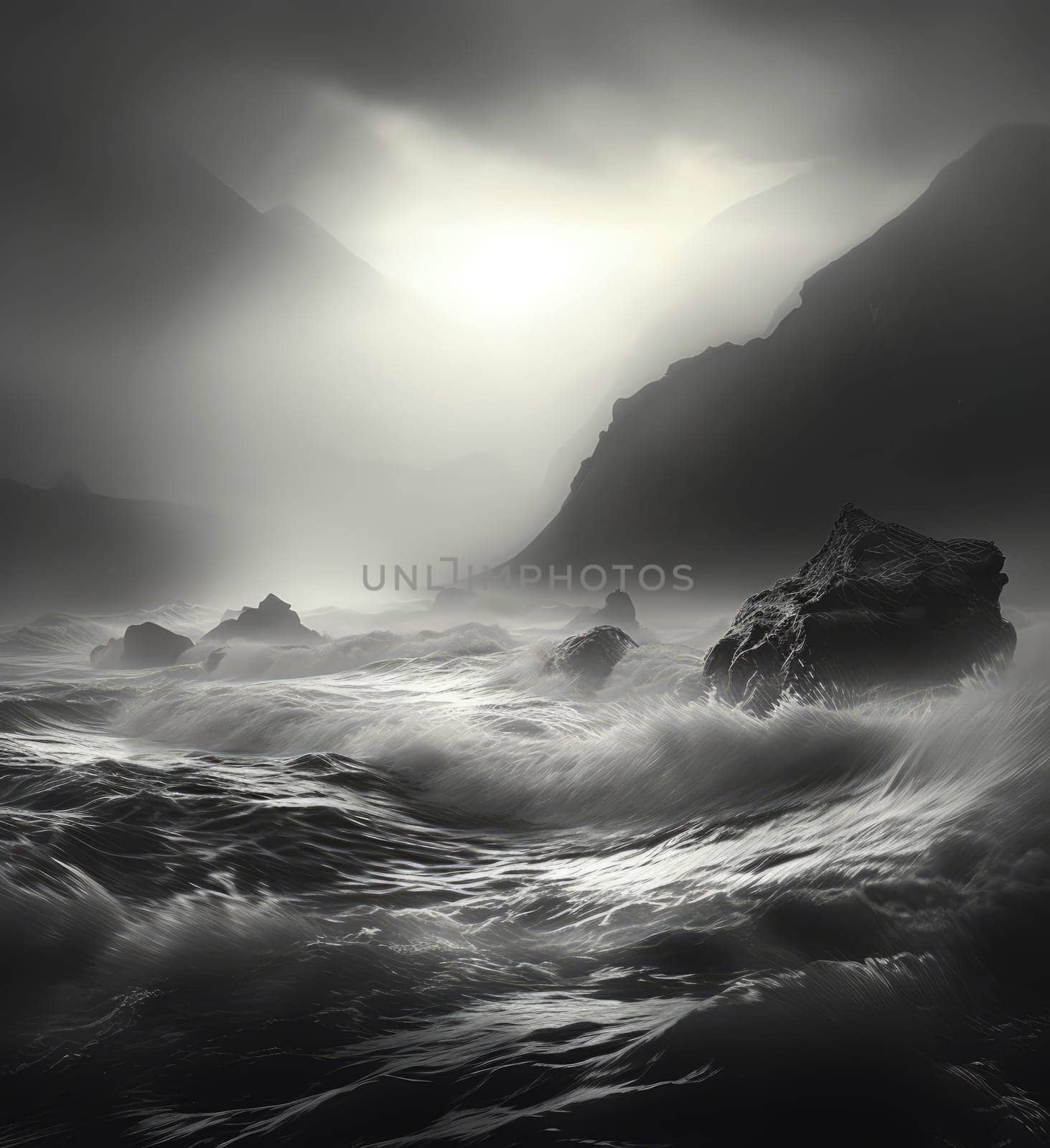 Black and white image of ocean wave during storm. Huge wave breaking with a lot of spray and splash. Sea water background