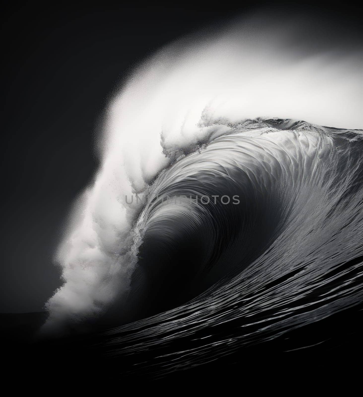 Black and white image of ocean wave during storm. Huge wave breaking with a lot of spray and splash. Sea water background