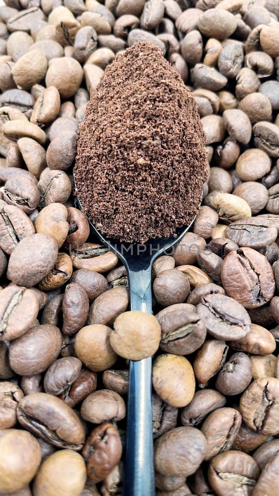 Against the background of roasted aromatic coffee beans lies a metal spoon filled with ground coffee. A drink made from roasted and ground beans from the coffee tree or coffee bush