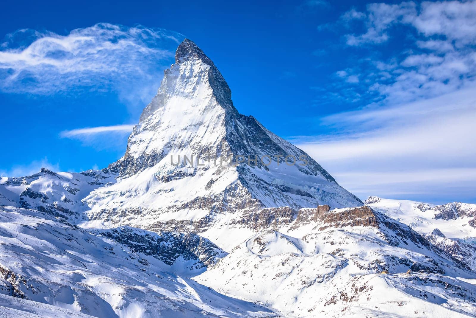 Scenic Matterhorn peak ridge in Zermatt, Valais region in Switzerland Alps