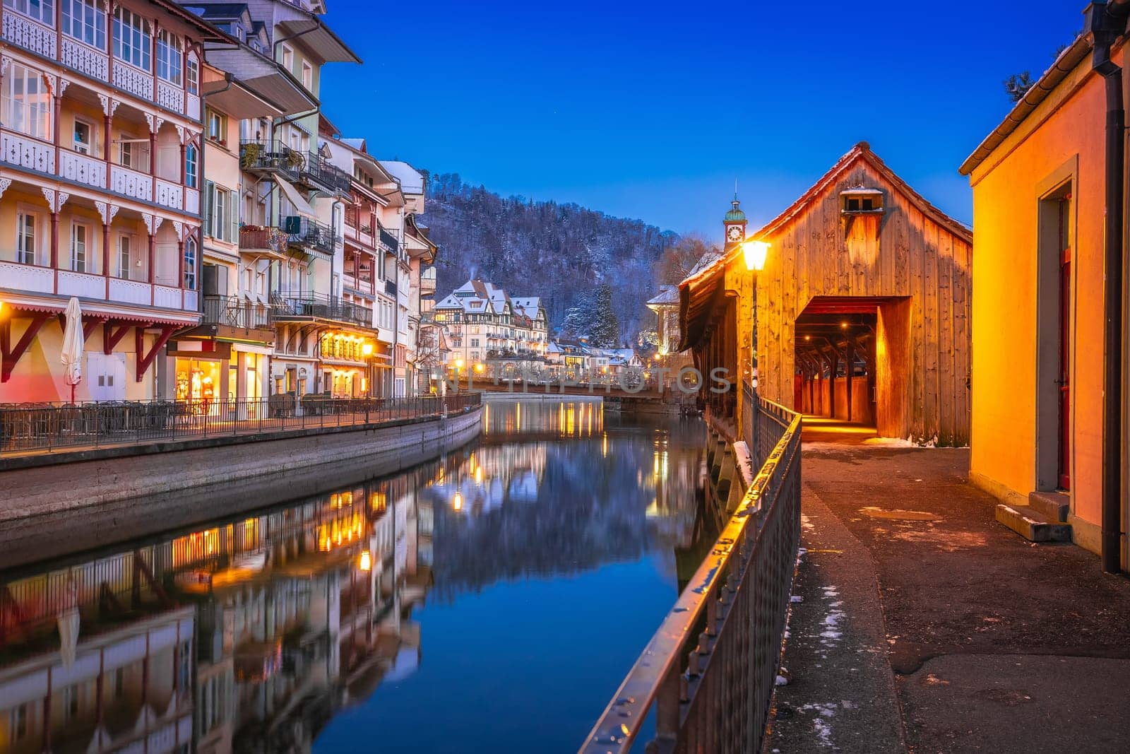 Town of Thun and Aare river evening view, Bern region of Switzerland