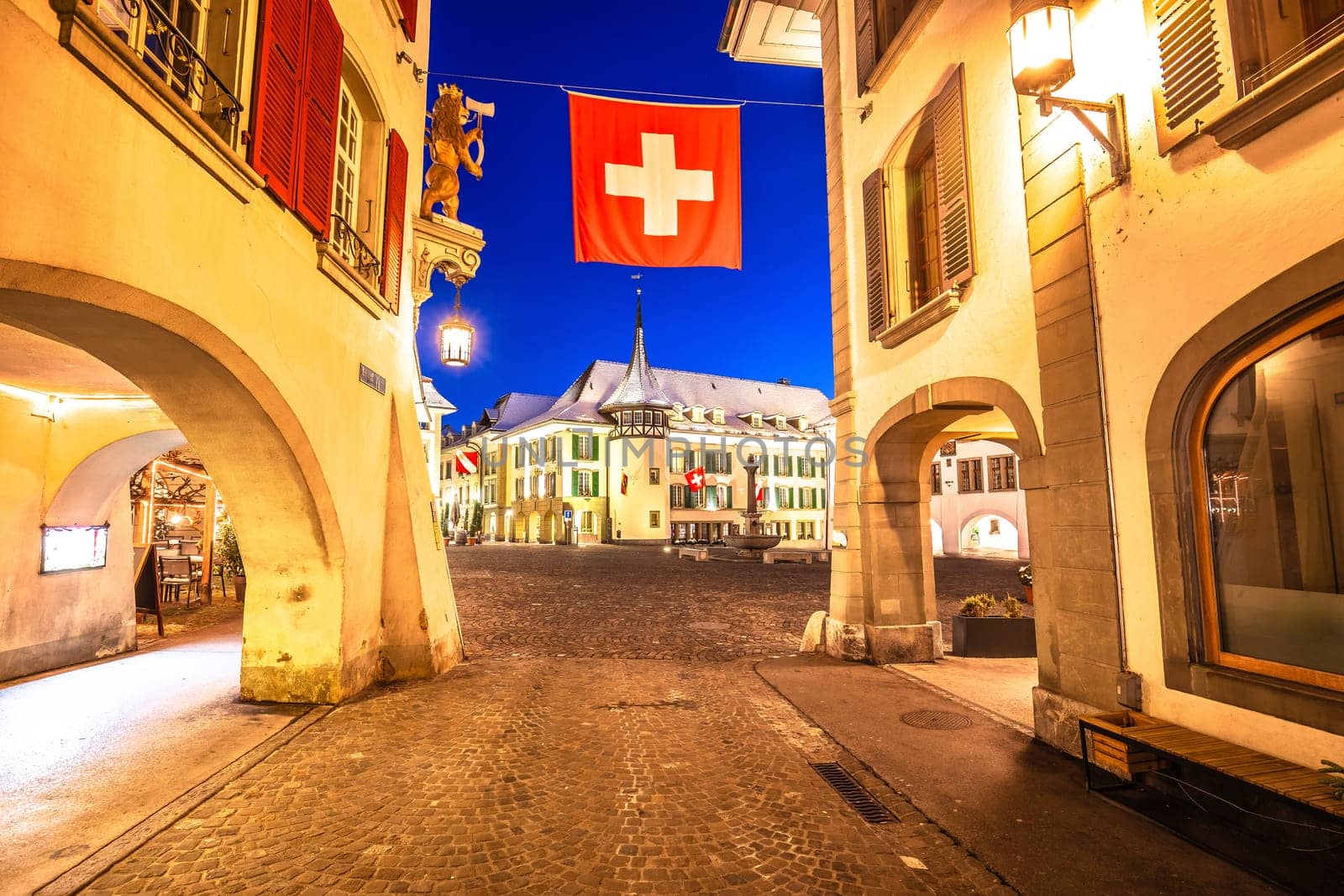 Town of Thun square and architecture evening view, Bern region of Switzerland