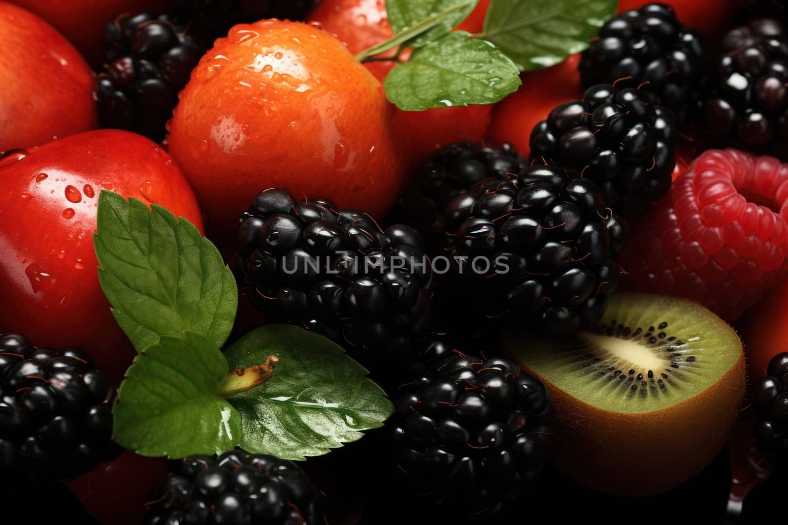 Juicy Summer Delights: A Colorful Medley of Fresh Fruit on a Green Leafy Background