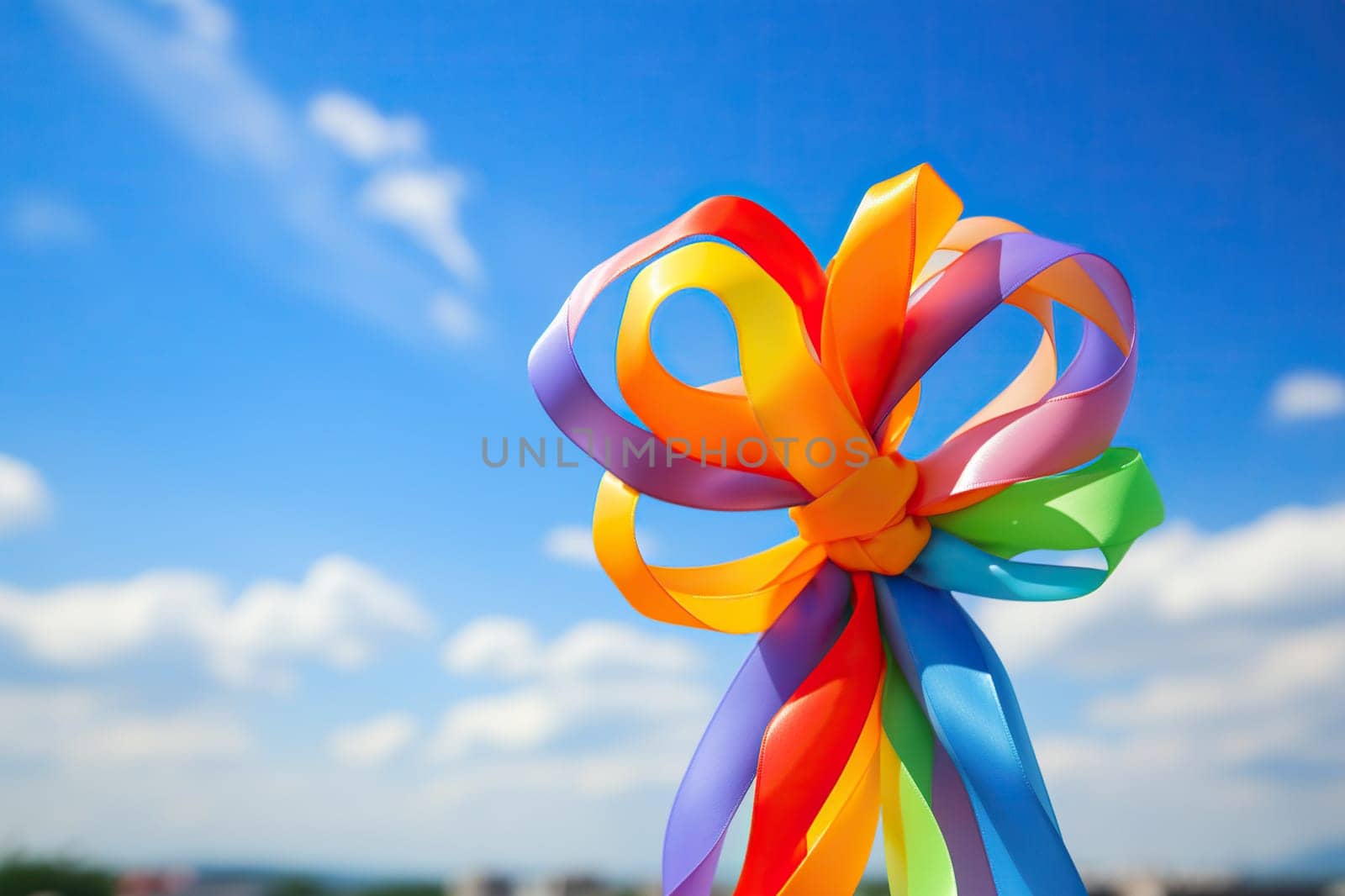 Multi-colored ribbons are tied into a bow in the blue sky. LGBT pride symbol.