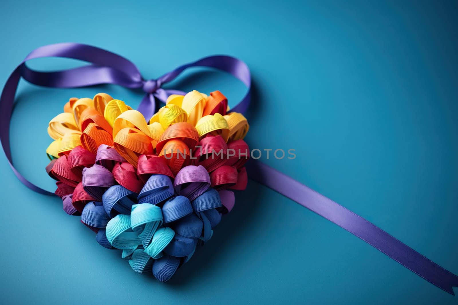 Multi-colored ribbons collected in the shape of a heart on a blue background.