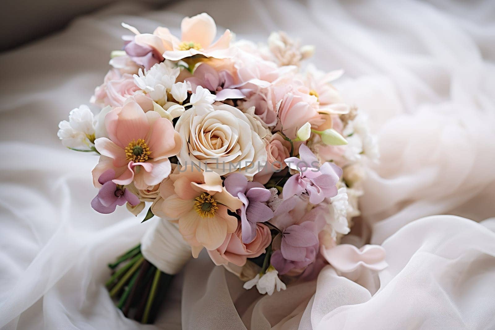 A luxurious wedding bouquet of the bride with white roses lies on light sheets. Wedding day concept.