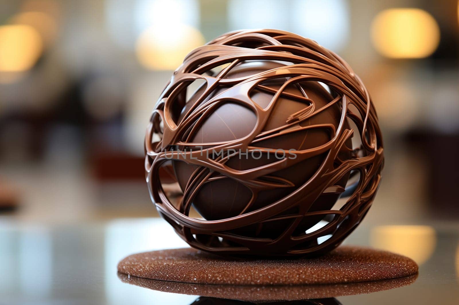 Chocolate dessert in the form of a sphere on a wooden tabletop with a golden bokeh background.