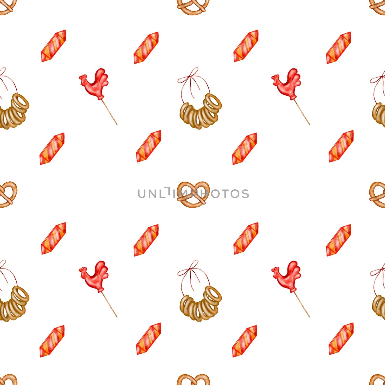 Watercolor seamless pattern with rooster lollipops, lambs and candy, pretzel. Bright hand drawn illustration featuring baked goods. For printing on scarves and tablecloths for Shrovetide week or kitchen textiles in Russian style