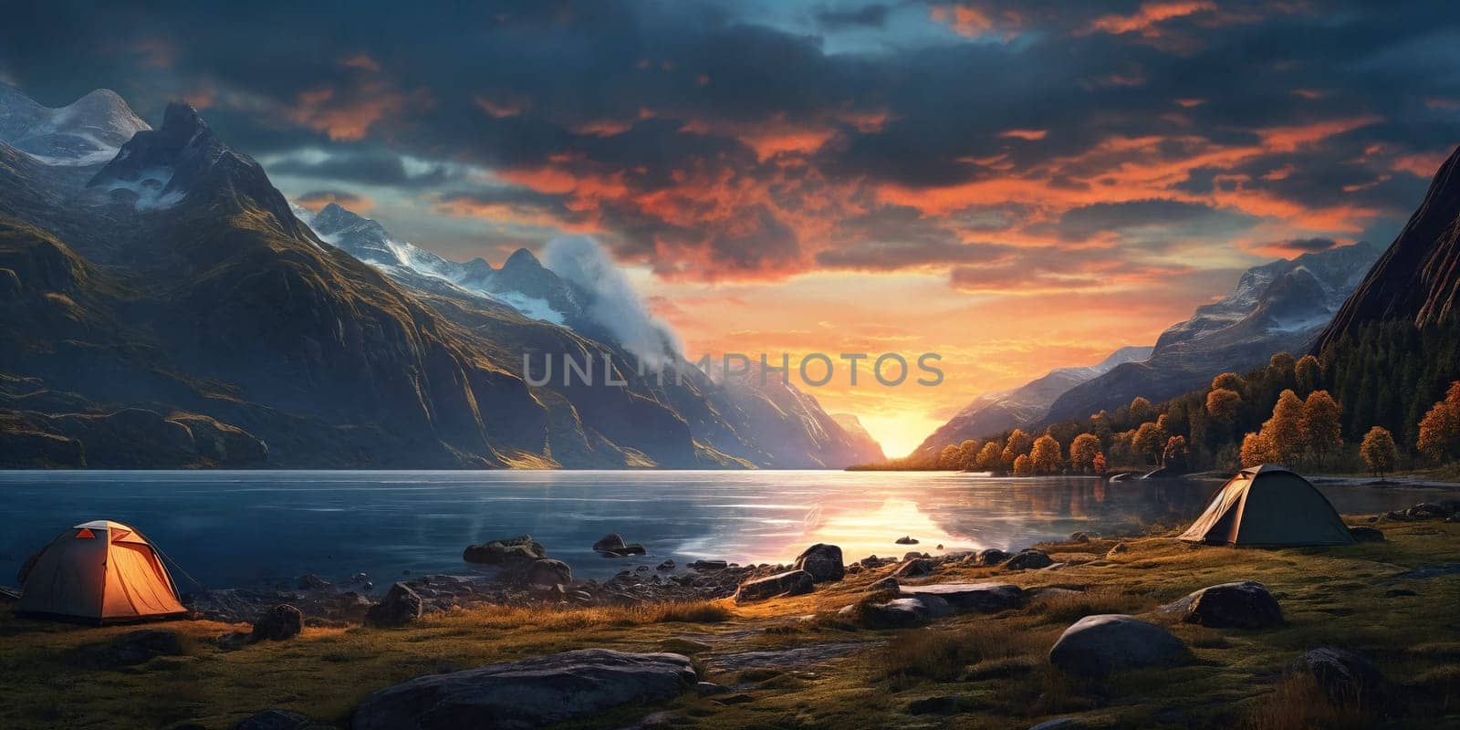 A picturesque scene of a hiking tents nestled in the mountains, with a stunning sunset casting warm hues over the trail landscape. Panorama