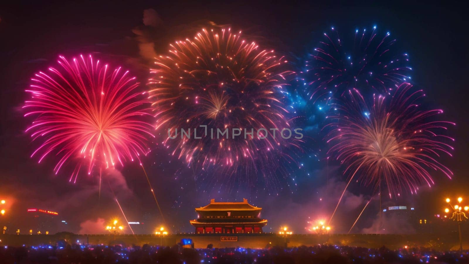 Fireworks Chinese New Year above temple. Lunar New Year fireworks 2024 effect. Happy Chinese New Year 2024 sparkling animation,year of the dragon, Copy space 4k by Annebel146