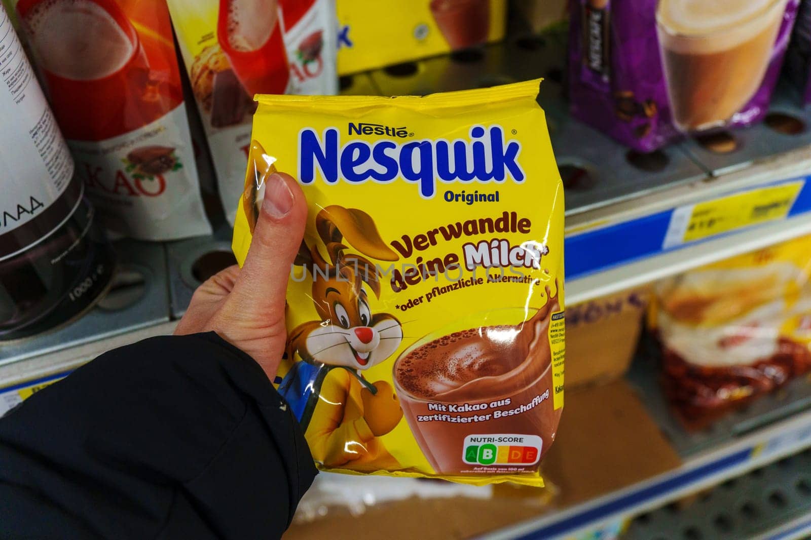 Tyumen, Russia-November 25, 2023: Nesquik Chocolate milkshake made by the Nestle corporation. Selective focus by darksoul72