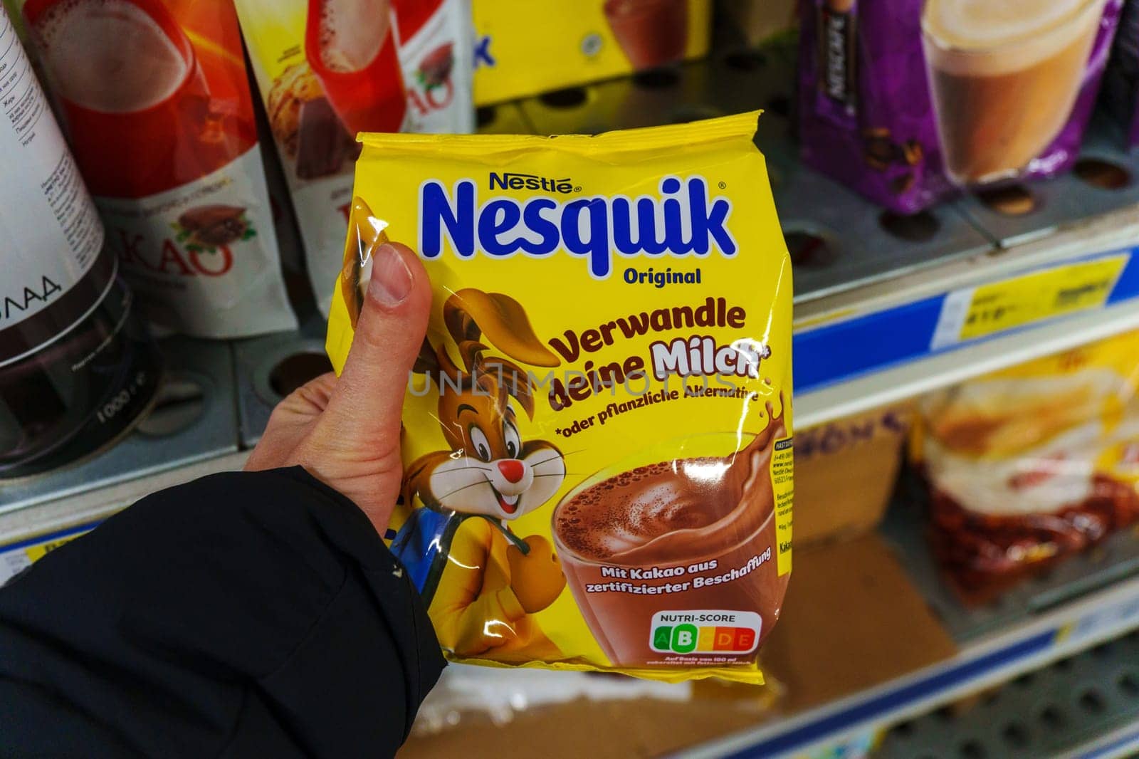 Tyumen, Russia-November 25, 2023: Nesquik Chocolate. Nequik is owned by Swiss Company Nestle.