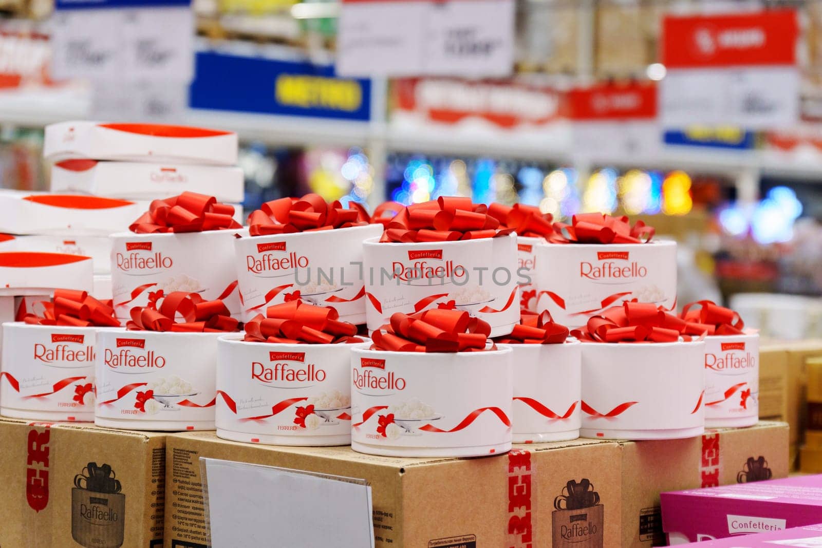 Tyumen, Russia-December 11, 2023: Raffaello is a spherical coconut almond candy by Ferrero SpA