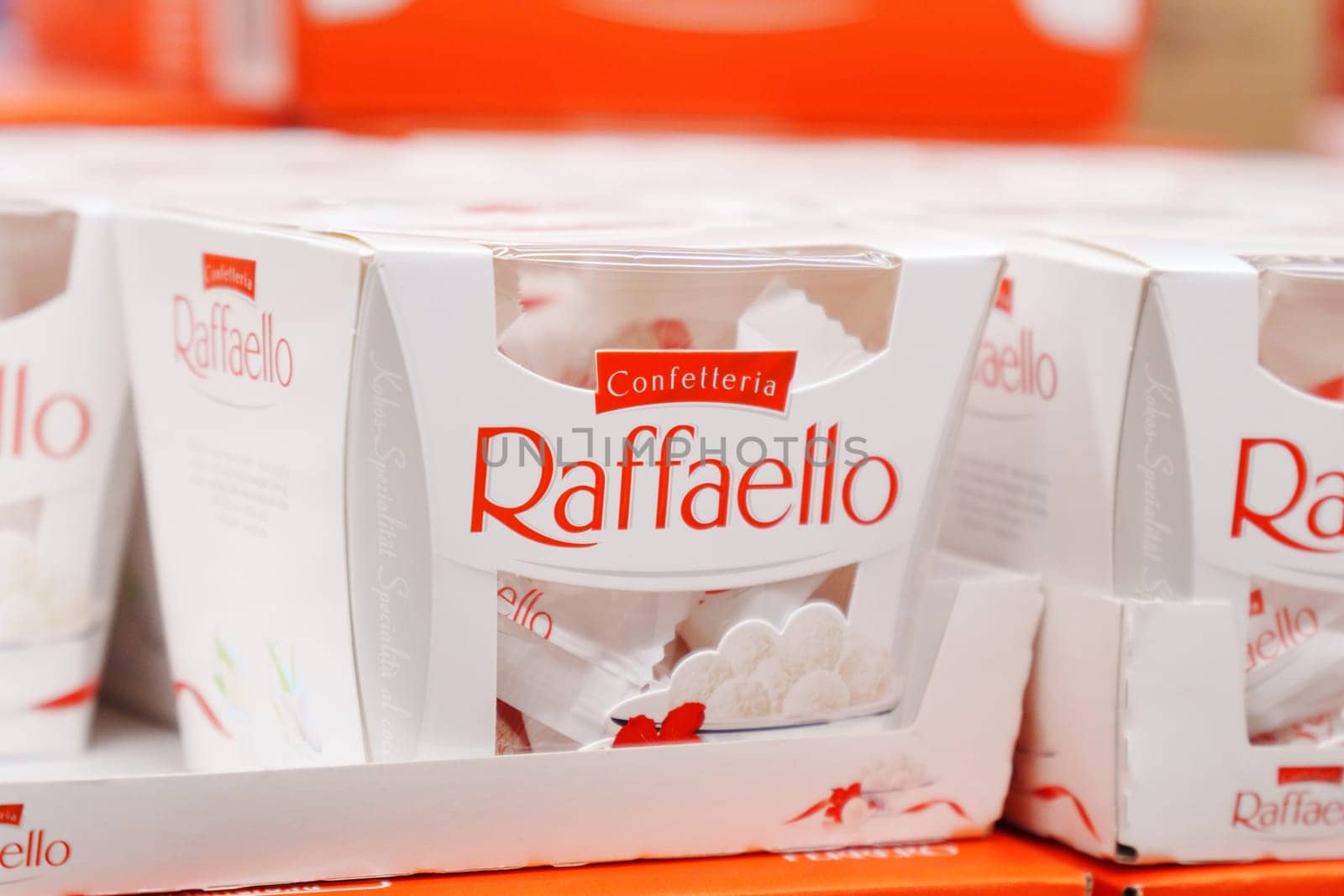 Tyumen, Russia-December 11, 2023: Raffaello is a coconut almond confection that manufactured by Ferrero. Selective focus