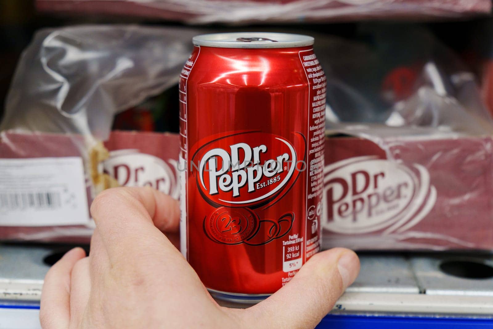 Tyumen, Russia-December 11, 2023: Dr Pepper is a soft drink marketed as having a unique flavor.