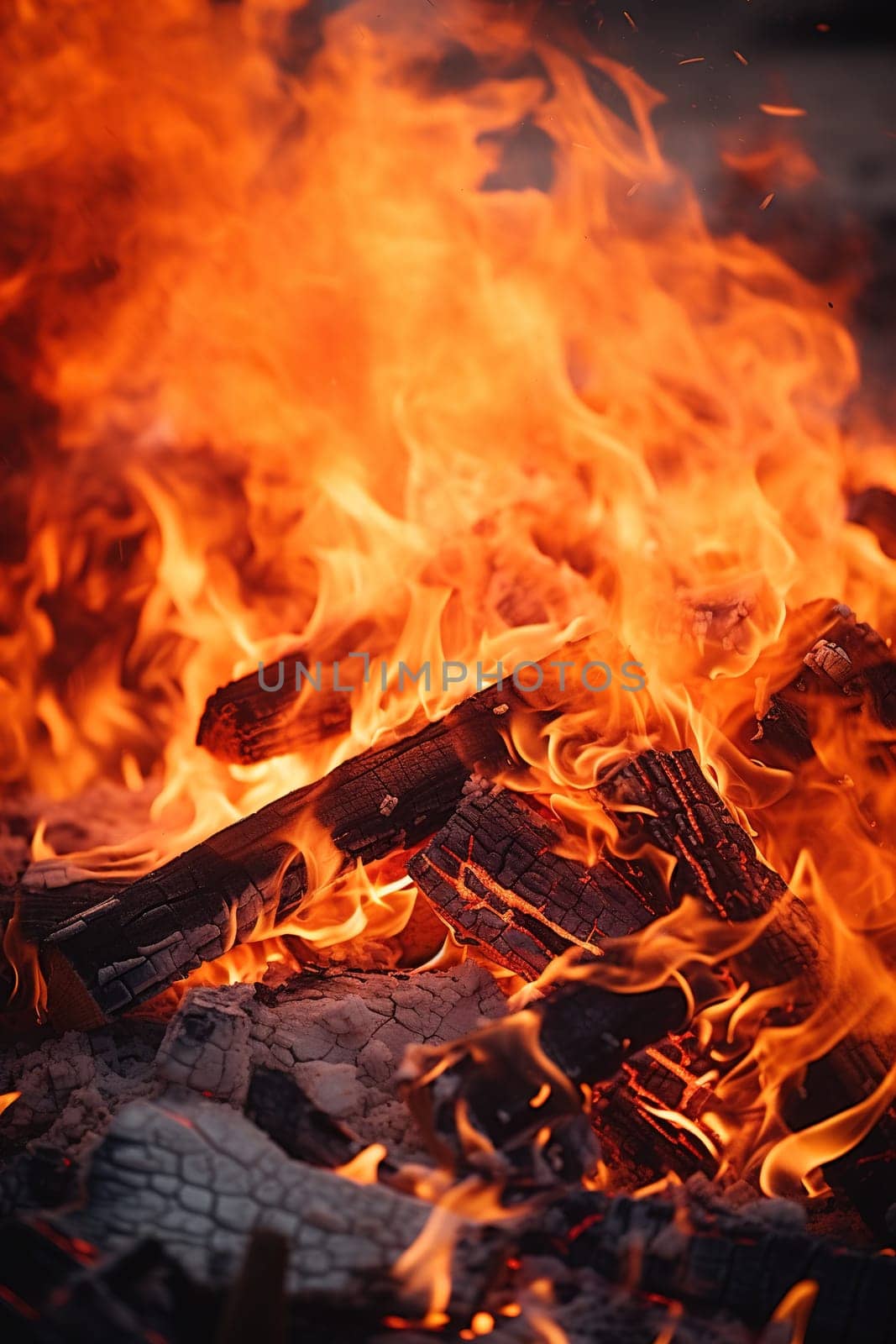 Vivid close-up of a blazing fire with dynamic flames, ideal for themes related to energy, warmth, cooking, or outdoor activities. Vertical background with fire. Generative AI