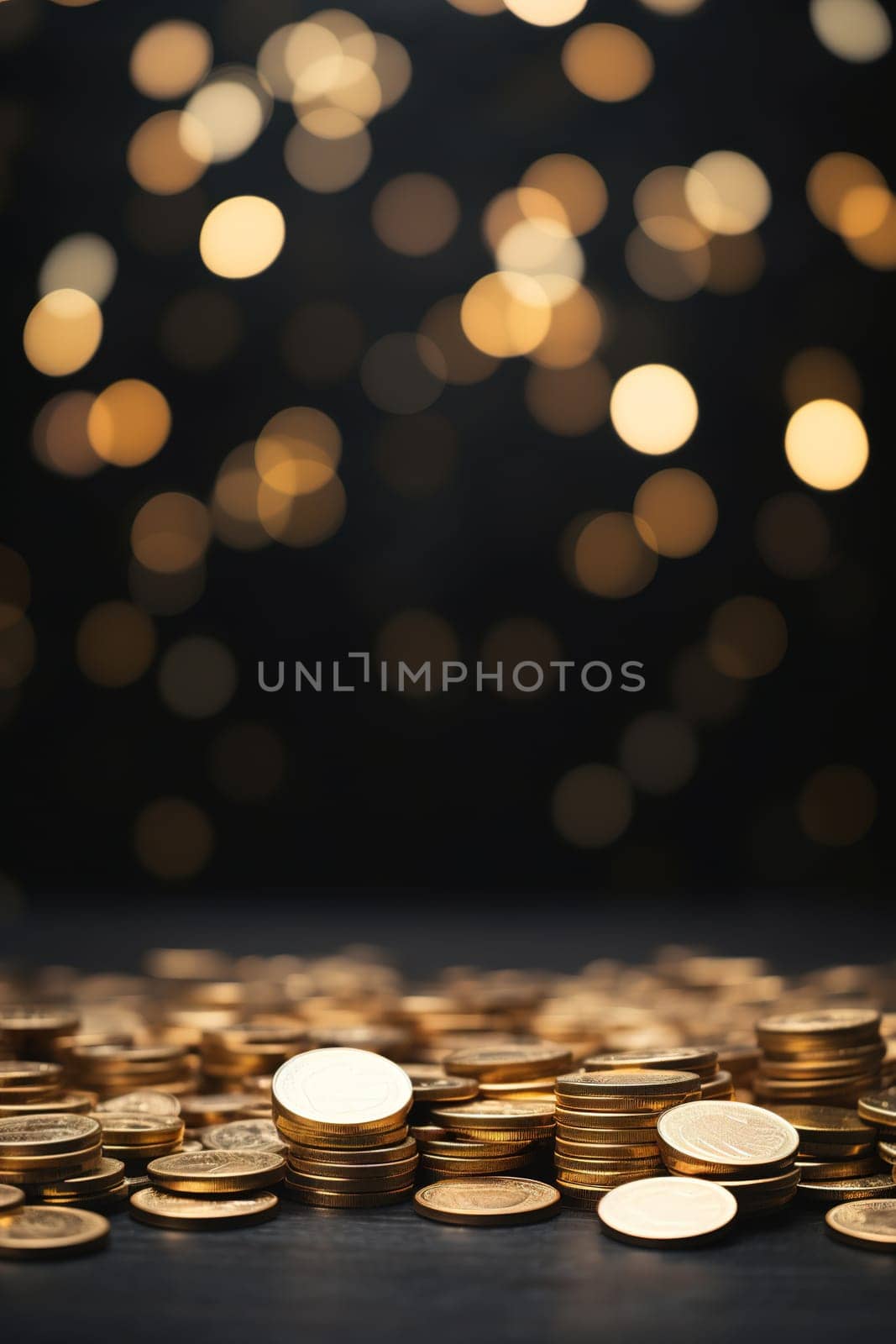 Stacks of golden coins on a dark surface with a blurred bokeh light background, ideal for financial, investment, or savings themed content and promotions. Copy space for text. Generative AI