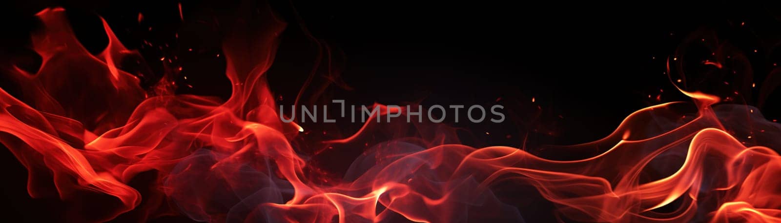 Abstract fiery waves on a black background, capturing the essence of fire, suitable for powerful graphic designs, backgrounds, or creative visuals. Panoramic banner. Copy space. Generative AI