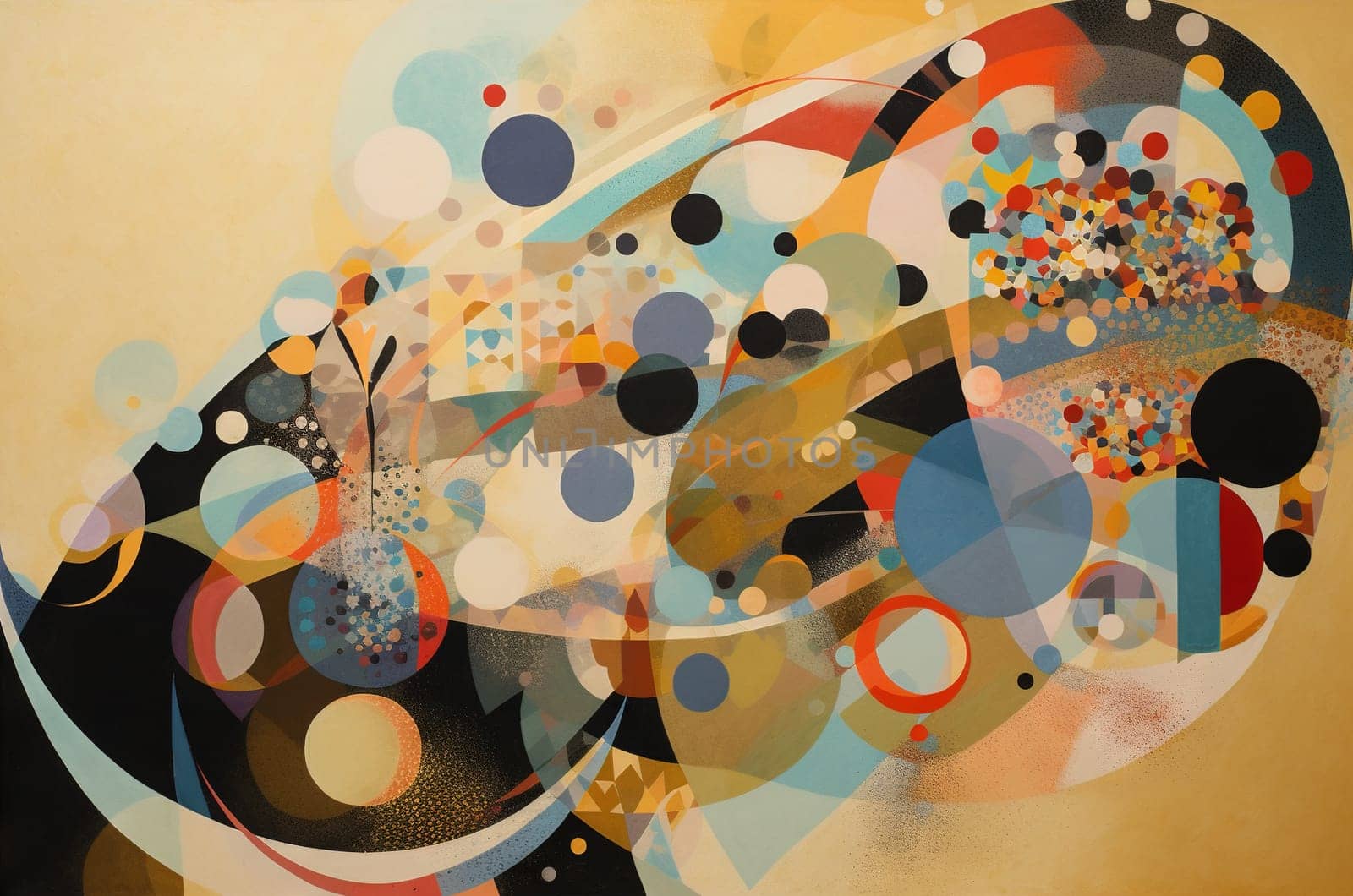 Abstract background in the style of expressionism, modern and Bauhaus. Artistic abstraction with colorful circles and lines. Generative AI