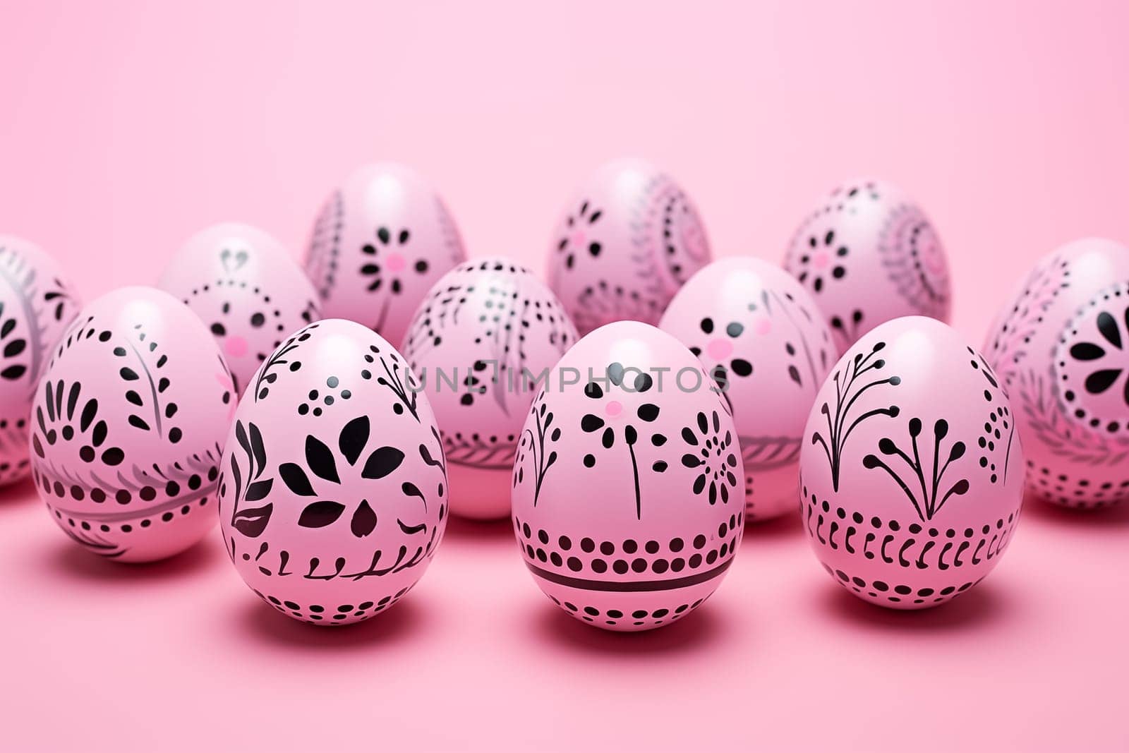 Handmade decorated Easter eggs on pink background by Nadtochiy